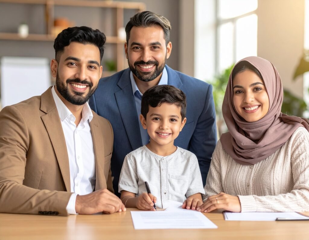 عائلة أجنبية تستلم أوراق الإقامة من مكتب في القاهرة